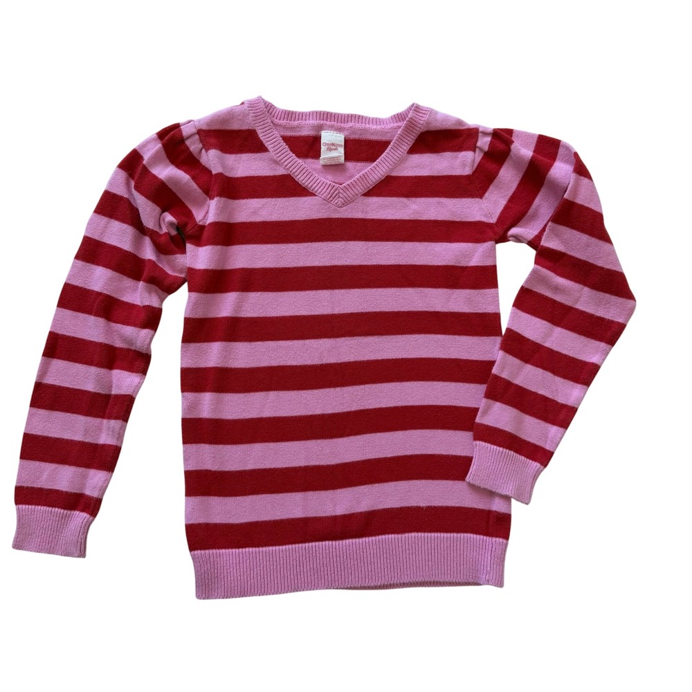 OshKosh B'gosh Girls Pink Red Striped V-Neck Cotton Knit Sweater Size 6X Sporty